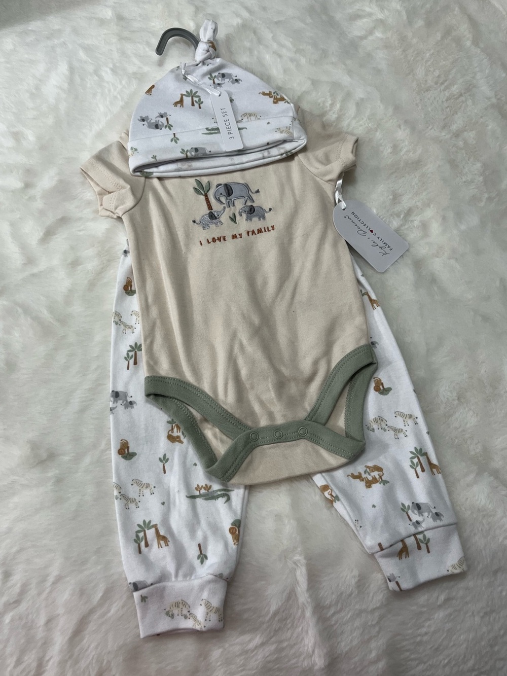 Beige & Green Baby 3 pieces Outfit with Safari Graphic